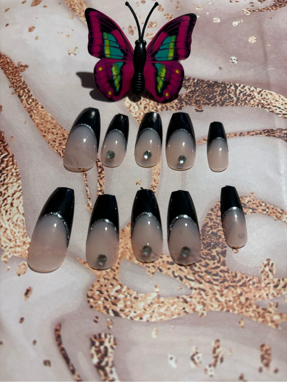 Black Tip Nude Ombre Press-On Nails with Rhinestones